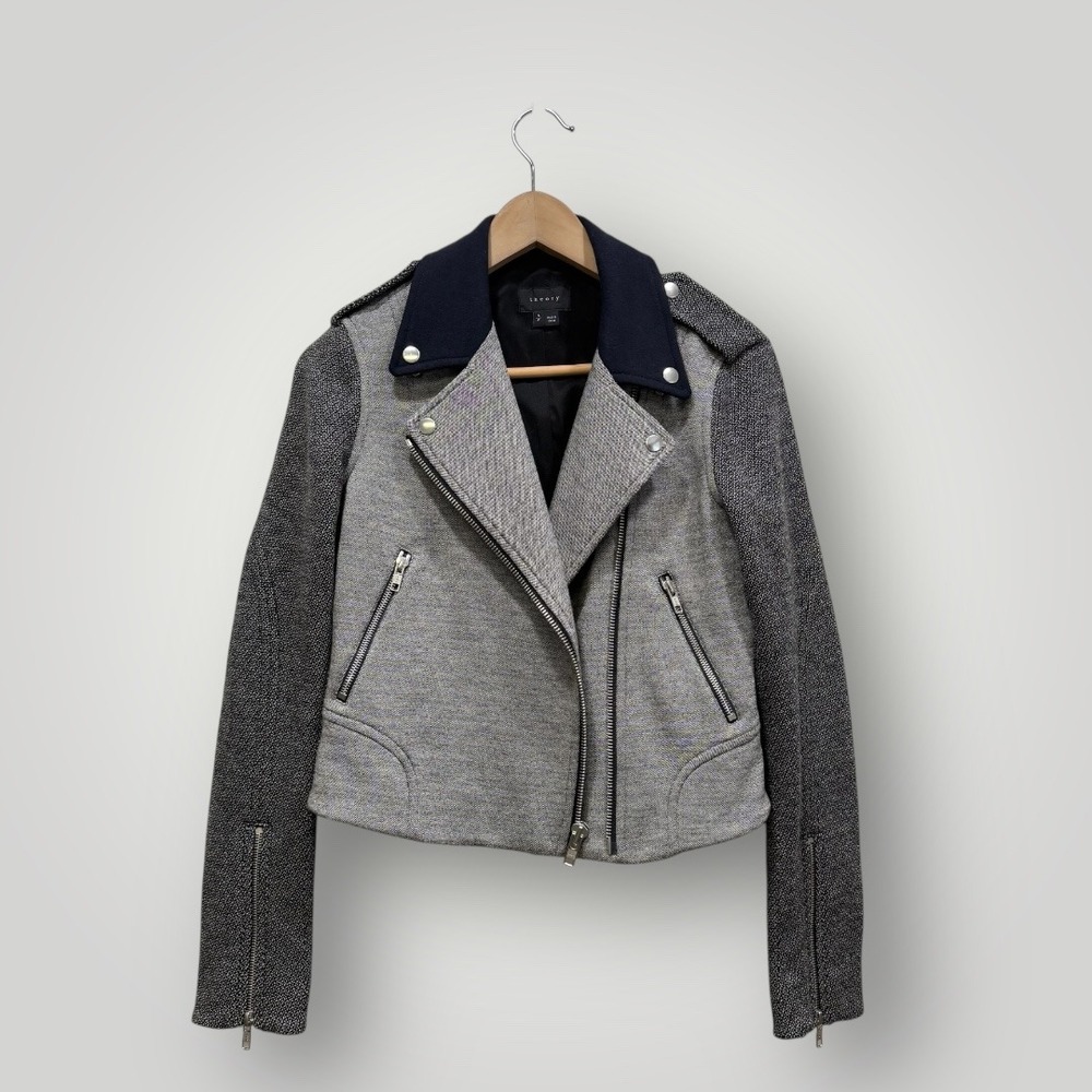 Theory Adashi K Asymmetrical Moto Jacket Navy Collar Wool‎ Blend Women's Size S